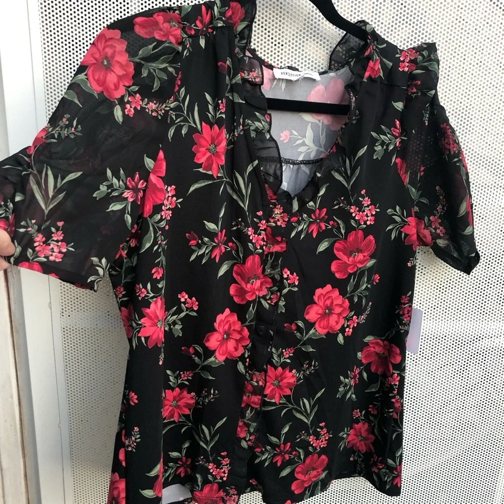 PerSeption Concept Black Blouse with Red Floral Print